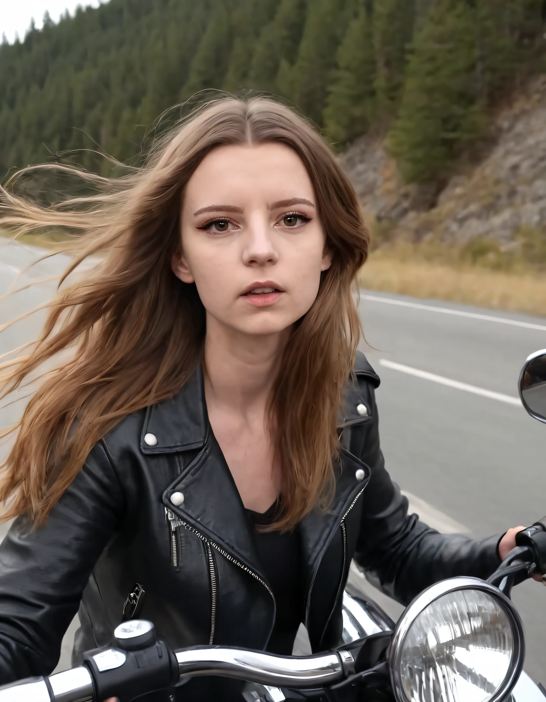 Elise Ecklund, a confident and adventurous woman with wavy brown hair flowing in the wind, effortlessly rode her sleek motorcycle down the scenic highway, as onlookers were enamored by the striking combination of her piercing brown eyes, parted lips, and closed mouth that perfectly conveyed her concentration, while their gaze was also drawn to the bold lettering of her name etched elegantly on the side of her trusted vehicle. <lora:xmwvuj18e78213268hda:1>