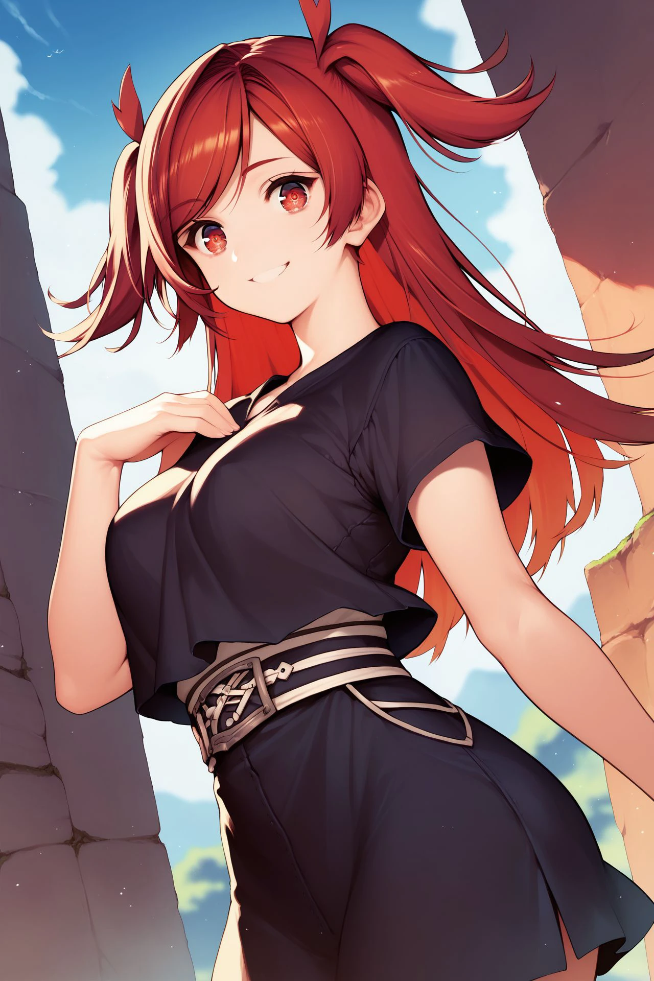 girl, small breasts, red hair, pink bangs, wearing black shirt, wearing neck lace, silver neck lace, jeans short, , smiling, looking at viewer, yellow eyes, in a park, threes behind, 4k, masterpiece, 8k,
