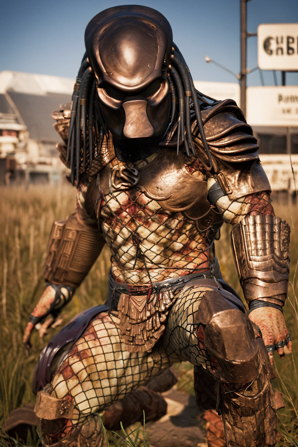 CityHunter,solo,male,predator \(movie\), mask,armor,fishnet,(detailed background,beach:1.5),sunlight,lying down, from above,looking at viewer,full body <lora:CityHunter:1> <lora:more_details:0.2>