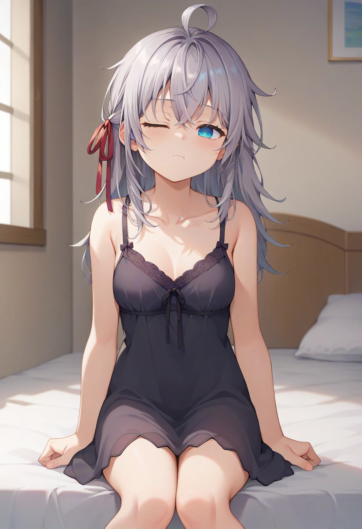 score_9, score_8_up, score_7_up, source_anime, 1girl, alya, grey hair, long hair, ahoge, messy hair, hair ribbon, blue eyes, one eye closed, sleepy, black nightgown, sitting, on bed, morning glory, indoors, bed <lora:brj-alya-pony-v0.5:1>