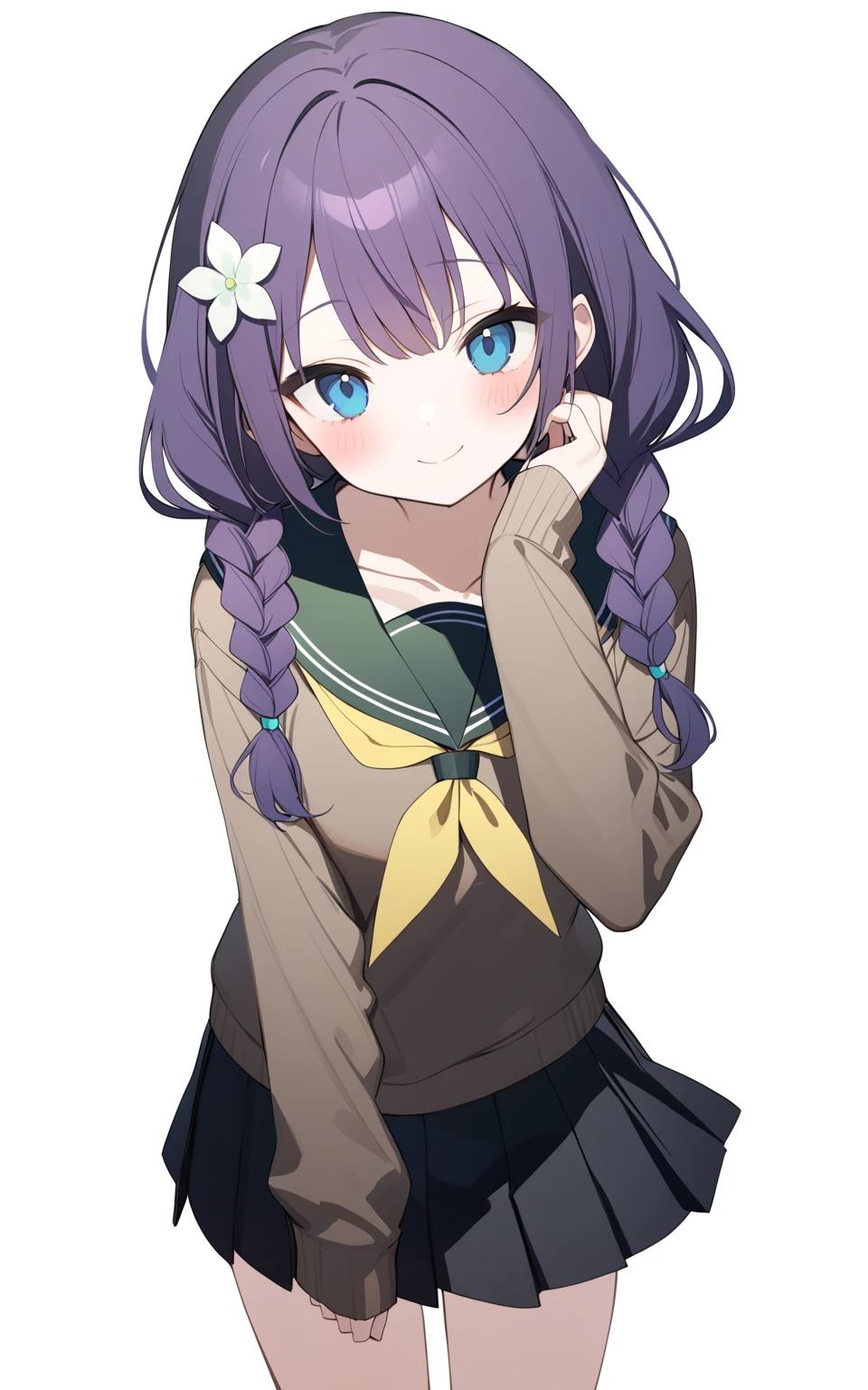 1girl,
(matanonki:0.9090909090909091), topia, poprication, (barbarian tk:1.2100000000000002), (liduke:0.9090909090909091), (kazepana:1.1),
(nagishiro_mito:1.1), toosaka_asagi, year 2023, skirt, standing, skirt, looking at viewer, blush, signature, blush stickers, white background, hair ornament, black skirt, long hair, dated, simple background, contrapposto, school uniform, sailor collar, yellow neckerchief, twin braids, blue eyes, turtleneck, winking \(animated\), frog hair ornament, cowboy shot, black serafuku, braid, smile, pendant, green sailor collar, flower, medium skirt, purple hair, sweater, sleeves past wrists, neckerchief, serafuku, solo, brown sweater, sideways mouth, voice actor connection, pleated skirt, long sleeves, closed mouth, hands on own cheeks, hands on own face, side braids, collarbone, jewelry, white flower,
masterpiece, newest, absurdres, safe