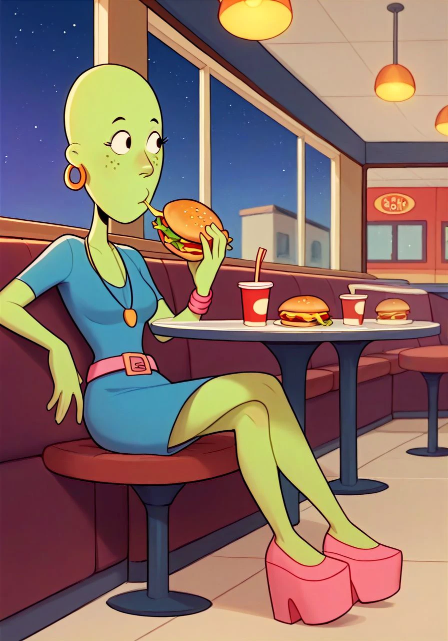 score_9,score_8_up,score_7_up,score_6_up, stark shadows, BREAK
slender female, green skin, bald, dot eyes
gold earring on left ear, multiple necklaces, pink bracelets, long-sleeve blue dress, pink belt, platform shoes
seated, eating, cheeseburger, french fries,
indoors, fast food restaurant, booth sitting, (night sky:1.1)
<lora:wendy8337TV_PDXL:1.0>