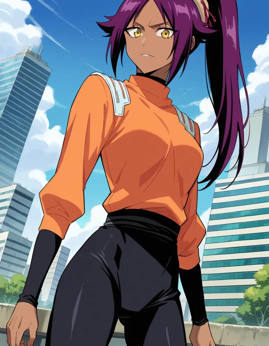 score_9, score_8_up, score_7_up, source_anime,
yoruichishihouin, <lora:yoruichi-shihouin-ponyxl-lora-nochekaiser:1>
yoruichi shihouin, long hair, yellow eyes, ponytail, purple hair, dark skin, dark-skinned female,
bodysuit, black bodysuit, bodysuit under clothes, orange shirt, long sleeves,
outdoors, cityscape,
looking at viewer, dutch angle, cowboy shot,
