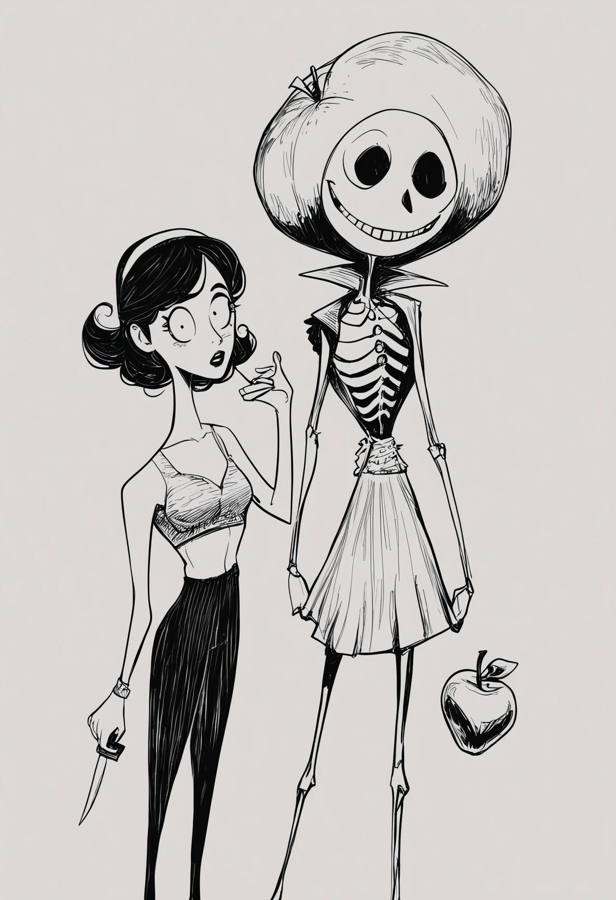 score_9, score_8_up, score_7_up, score_6_up, 
(Tim Burton Style:1.1), This is a cartoon drawing of a woman and a skeleton standing next to each other. The topless woman is holding a piece of fruit, possibly an apple, while the skeleton has a knife in its hand. The drawing is in black and white, giving it a spooky and eerie atmosphere. The woman's silhouette is visible, while the skeleton's knife is not, making the drawing more visually interesting and intriguing.