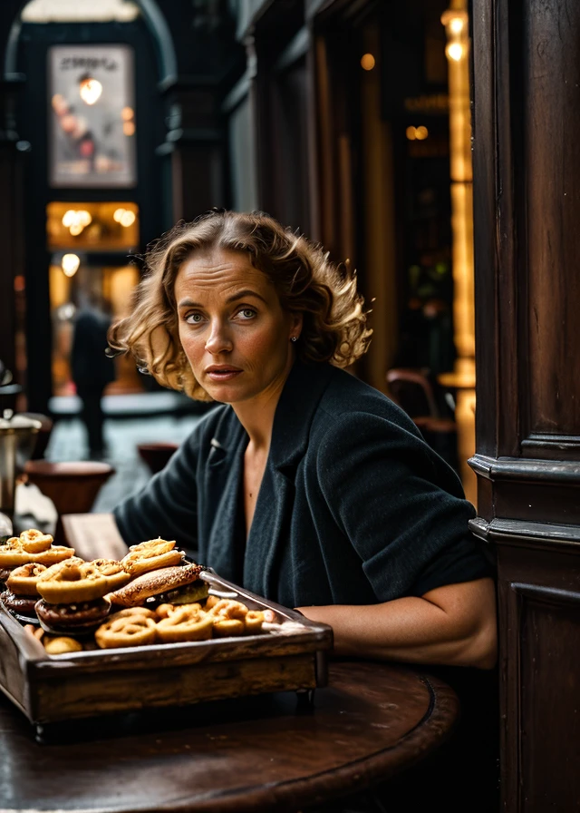 cinematic realism film scene still of a photo focus on close-up face, lively sparkling eyes,
2020 frenchitalian ginger chubby curly nerd older photomodel visiting modern caffe, lively expression, chiaroscuro, alot of items,
highly detailed , background inside dark, moody, POV, by
Diagonals, Dynamic Lines, Energetic Composition | physically-realistic | <lora:Chiaroscuro_SD-v1_e5:1>, film, professional, 4k, highly detailed . 35mm f1.8 Macro, chiaroscuro, shallow depth of field, vignette, Mise-en-scene, detailed, cinemascope, moody, epic