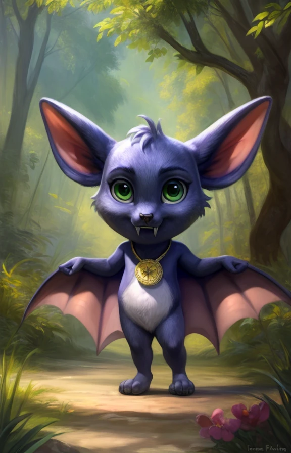 <lora:BattiwigsFillyFuntasiaBatY:0.8>  BattiwigsFillyFuntasiaBatY, Medallion on the neck, green eyes, fangs, bat, chibi
solo,   looking at viewer, (beautiful, aesthetic, perfect, delicate, intricate, masterpiece,)
uploaded on e621, textured fur, furry,  [The sun is shining, nature, forest, river, trees, grass, road, sky with clouds,]
by Floris van Dyck, by Anna Razumovskaya, by Pino Daeni, by Ulitochka