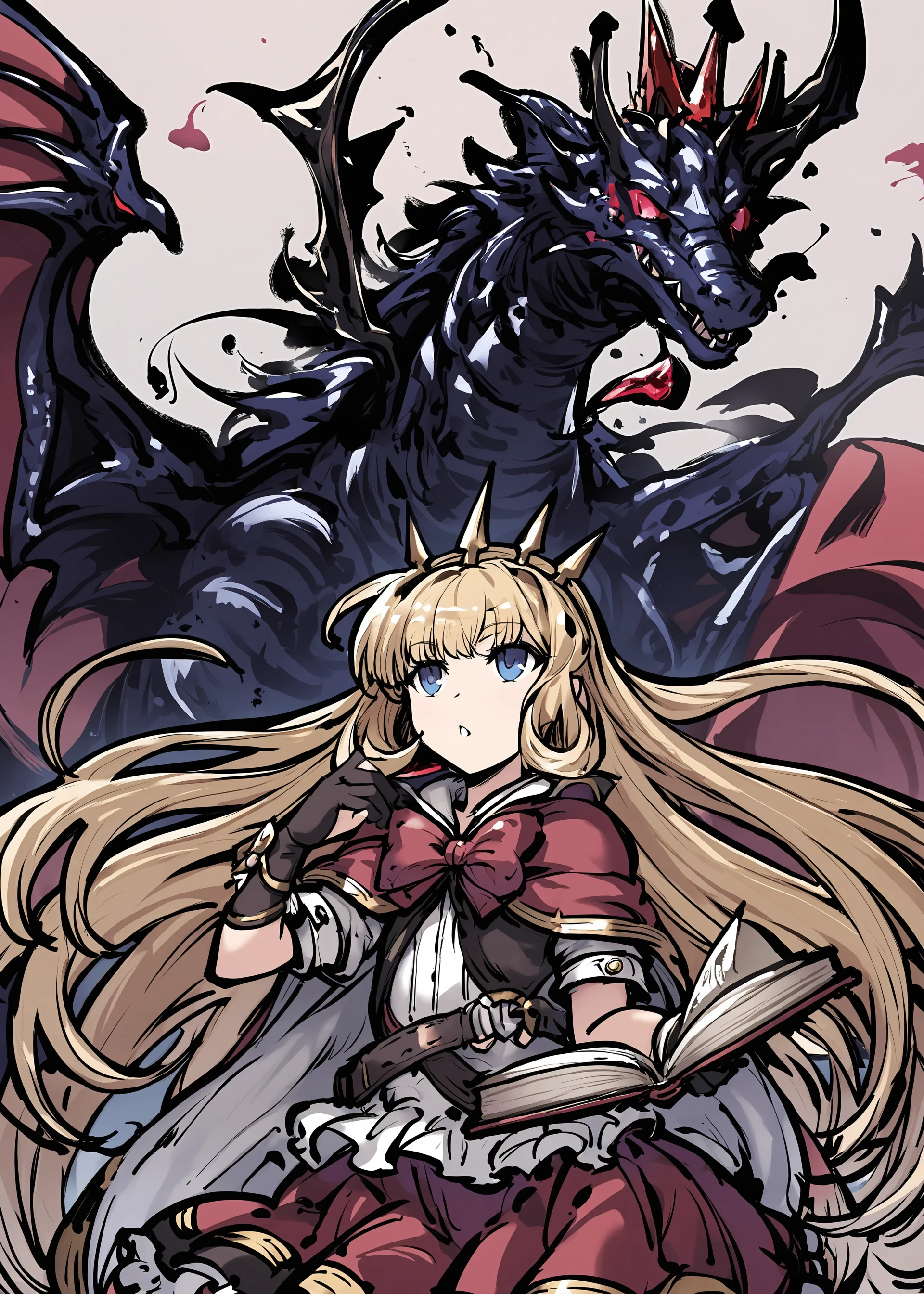 1girl,
cagliostro \(granblue fantasy\),
tokiame,
ink, dress, black gloves, red skirt, partially fingerless gloves, shirt, white shirt, solo, book, frilled gloves, red bowtie, blonde hair, gem, bowtie, long hair, red bow, bow, very long hair, blue eyes, elbow gloves, frills, black dress, dragon, looking up, cape, bracer, red cape, wrist cuffs, crown, gloves, skirt,
masterpiece, newest, absurdres, safe
<lora:a31_style_tokiame_v2:1> ,