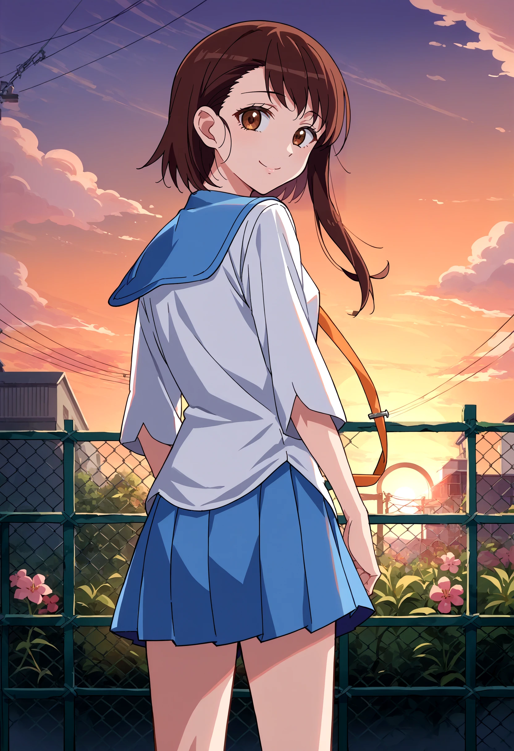 score_9, score_8_up, score_7_up, source_anime, 1girl, solo, OnoderaKosaki, <lora:OnoderaKosaki_XLPD:1>, school uniform, serafuku, blue skirt, pleated skirt, blue sailor collar, white shirt, from behind, looking at viewer, sunset, flower, seductive smile, iron fence, anime screencap,