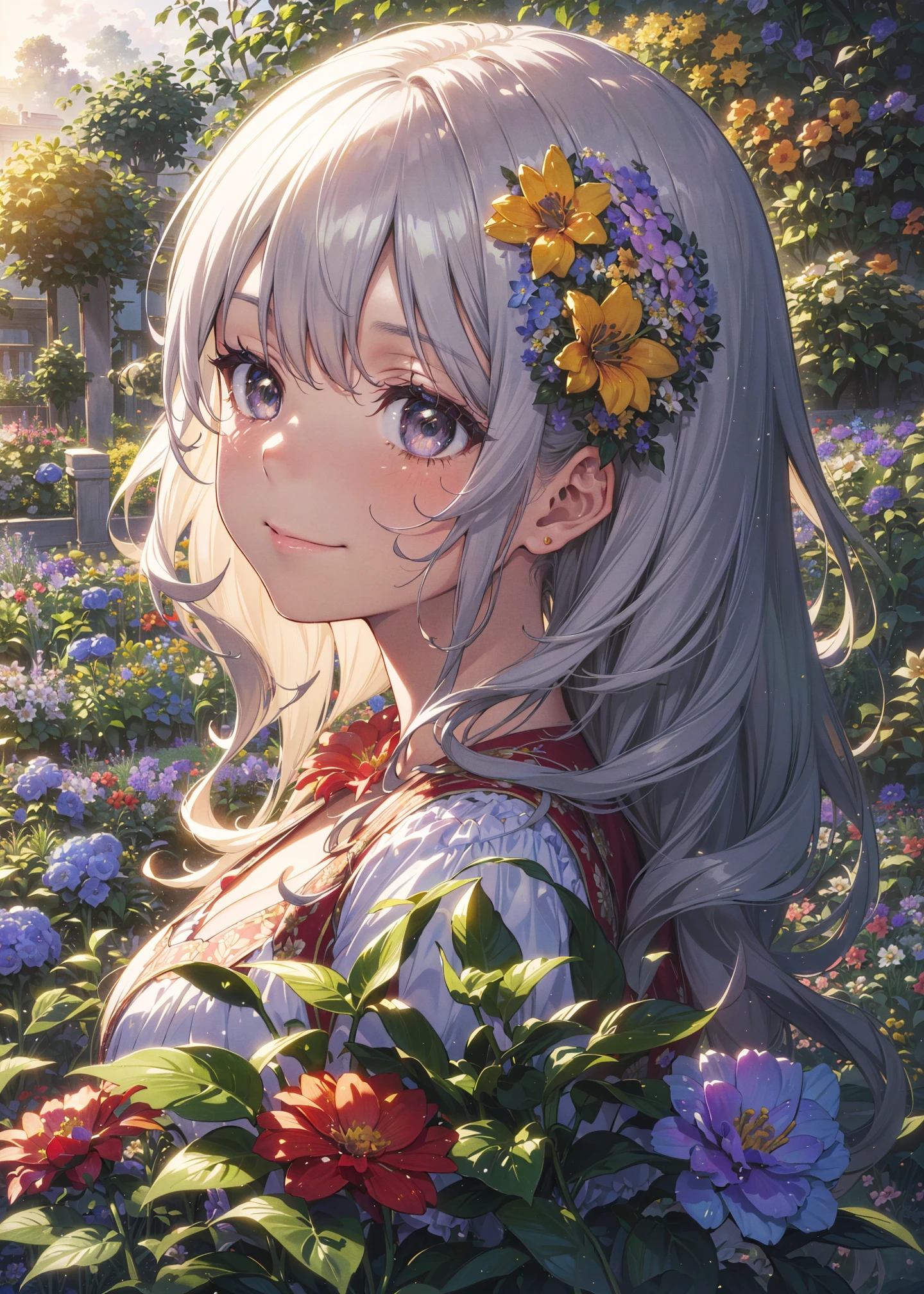 absurdres, highres, (official art, beautiful and aesthetic:1.2), (close view:1.2), Front composition, 
1girl, (long hair:1.2), gray hair, wavy hair, smile, 
(all over the flower garden:1.6), (Flower Effects:1.2), (Floral Background:1.2), (Background filled with flowers:1.4), (Flashy background:1.1),