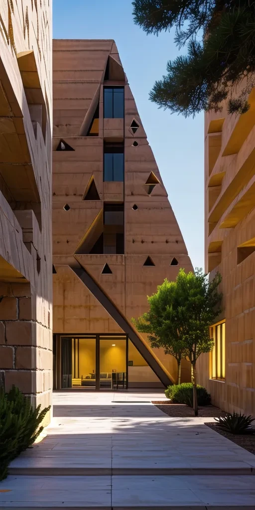 exterior of office tower, angular architecture, adobe architecture, (triangluar holes:1.3), dynamic angles, geometric facade, triangular motifs, sandy texture, <lora:AIDVN_TriangularAbode_v1:0.8>