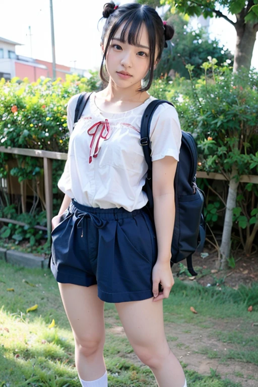 (RAW photo, best quality), depth of field,(realistic),,photo of <lora:yuka_miyazawa_lora-10:0.9>,blush,black hair,hair in bun,bangs,1girl,solo,wearing blouse,wide leg shorts,socks,small backpack,grass,park,standing
