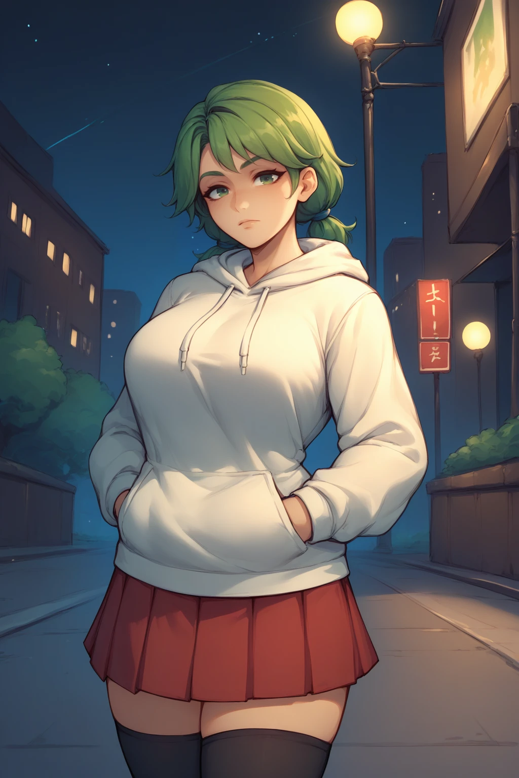 score_9, score_8_up, solo, 1girl, <lora:NSCarolineStardew:1> NSCarolineStardew, Green hair, green eyes, low twintails, short hair, mature, white hoodie, red skirt, pleated skirt, black thighhighs, hands in pockets, outdoors, night, city, black background