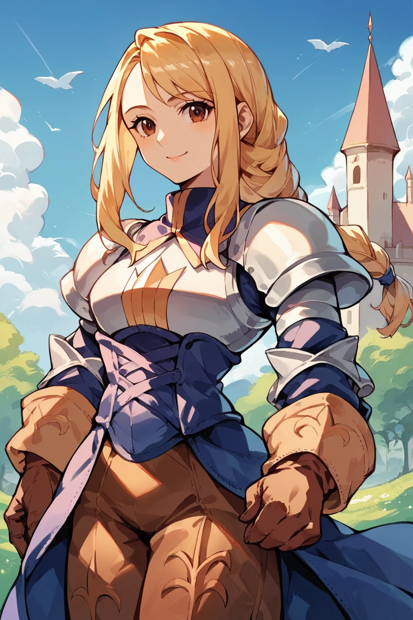 score_9, score_8_up, score_7_up, score_6_up, source_anime, 1girl BREAK <lora:agrias-pdxl-nvwls-v1-000005:1> agrias, blonde hair, brown eyes, braided ponytail, shoulder armor, armor, corset, brown pants, brown gloves, looking at viewer, smile, medieval, blue sky, castle