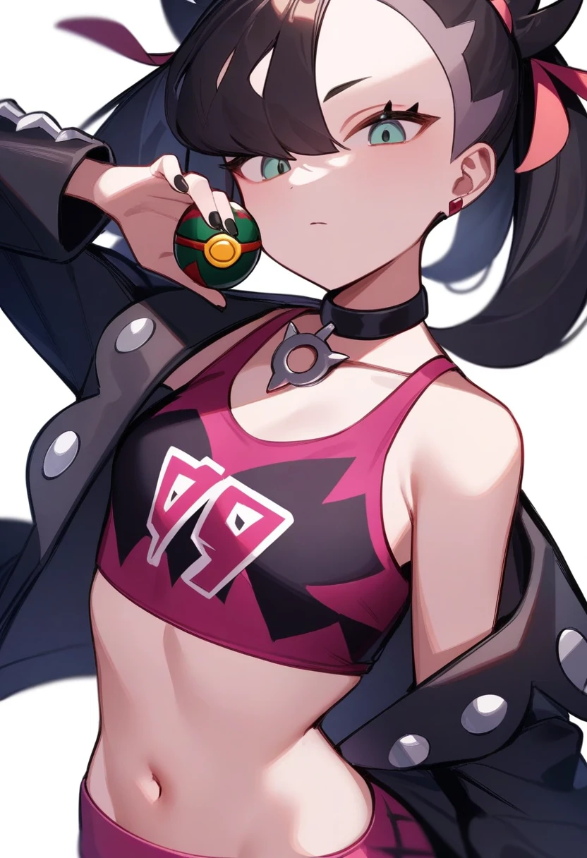 masterpiece,best quality,very aesthetic,absurdres,<lora:marnie_(pokemon):1>,highres, off_shoulder, black_choker, commentary, navel, 1girl, solo, nail_polish, black_nails, black_sports_bra, upper_body, marnie_\(pokemon\), white_background, black_jacket, hair_ribbon, dusk_ball, open_jacket, blank_stare, crop_top, earrings, midriff, holding_poke_ball