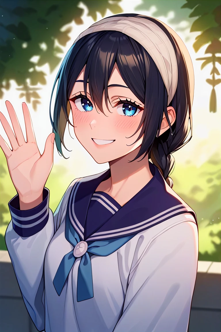 score_9, score_8_up, score_7_up, score_6_up, score_5_up, score_4_up, rating_questionable, , source_anime, digital illustration, pixiv, fanbox, uncensored, , BREAK, official art,
1girl, solo, female, amanai riko, black hair, braid, headband, blue eyes,
school uniform, white serafuku, upper body, waving, blush, light smile, outdoors, cowboy shot, looking at viewer, colorful, vivid <lora:Amanai_Riko_Pony2-10:0.8>