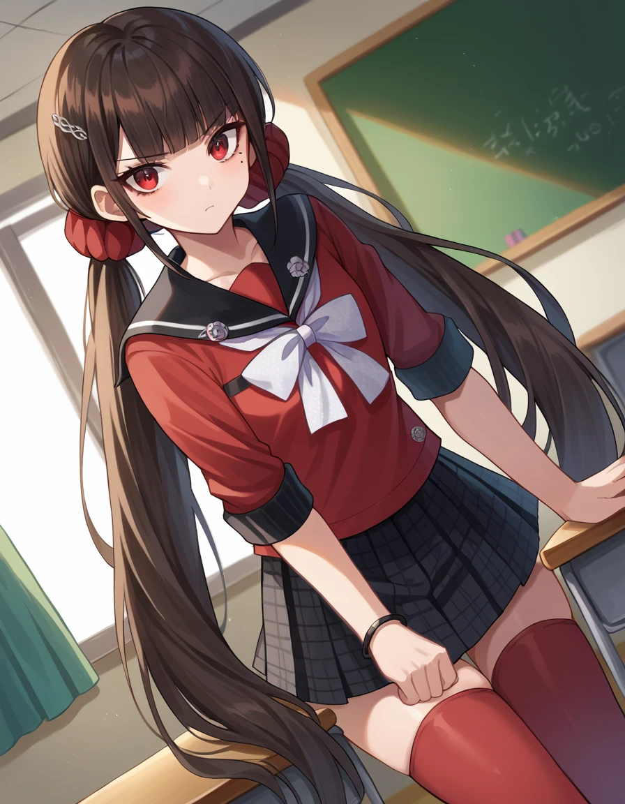 score_9, score_8_up, score_7_up, source_anime,
harukawamaki, <lora:maki-harukawa-ponyxl-lora-nochekaiser:1>
harukawa maki, long hair, bangs, brown hair, black hair, hair ornament, red eyes, twintails, very long hair, hairclip, blunt bangs, mole under eye, low twintails, scrunchie, hair scrunchie, red scrunchie,
skirt, shirt, thighhighs, long sleeves, bow, school uniform, pleated skirt, serafuku, miniskirt, black skirt, sailor collar, mole, bracelet, zettai ryouiki, plaid, plaid skirt, red shirt, black sailor collar, red thighhighs,
indoors, classroom, bent over,
looking at viewer, dutch angle, cowboy shot,