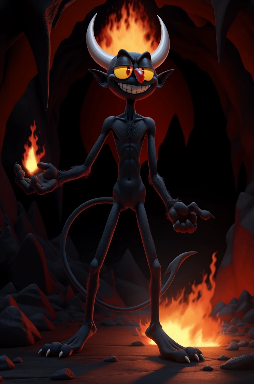 solo, male, the devil \(cuphead\), demon, red nose, spade tail, long tail, 4 fingers, yellow sclera, red eyes, black fur, null, wrist tuft, ankle tuft, grey hands, grey feet, half-closed eyes, grin, teeth, horn, pointy ears, standing, cave, fire, hell, handsome, masculine, skinny, slim, masterpiece, extreme detail, simple eyes, full-length portrait