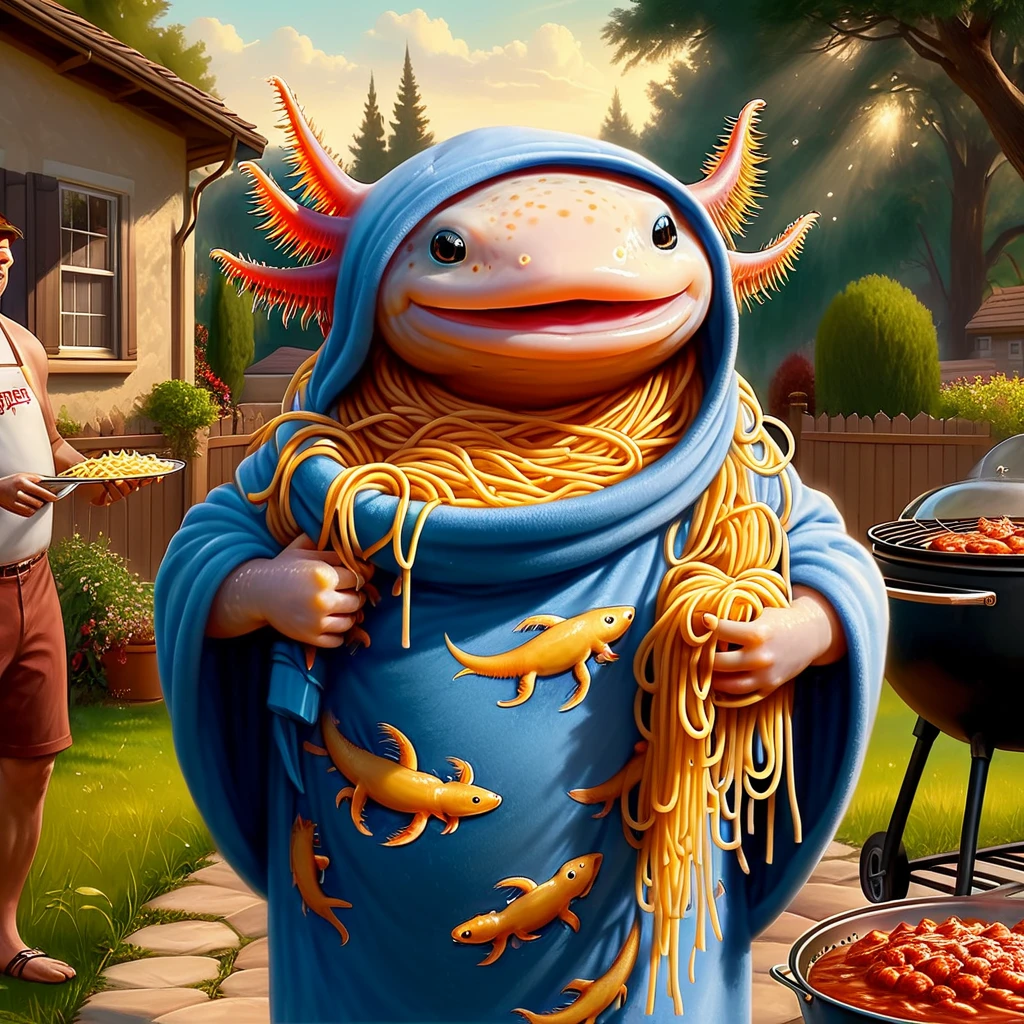 (masterpiece:1.5)  <lora:Axomodel XL:0.6> 4xolotl,  axolotl wearing snuggie, carrying a large amount of saucy spaghetti i arms, backyard bbq, stylized digital painting