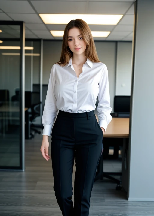 full body shot of business photo of makoshake,<lora:makoshake:1>,, pants, black attire, big breasts, collared shirt, tucked shirt. Professional attire, workplace setting, confident. Whole outfit, clear, sharp, balanced