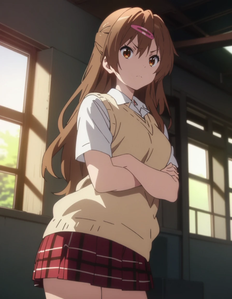 masterpiece, best quality, ultra detailed, highres,4k,(ultra-detailed:1.4) (illustration:0.5), (ray tracing,:0.8),(anime colored:0.7),(ai-generated:0.5), (anime screencap:1.2),
1girl,
<lora:nibutanishinkaXL2:0.8>,nibutanishinka,
brown eyes, brown hair, long hair, hairclip,
school uniform,sweater vest,plaid skirt,shirt,
frown,
crossed arms,
schoolyard,
cowboy shot,