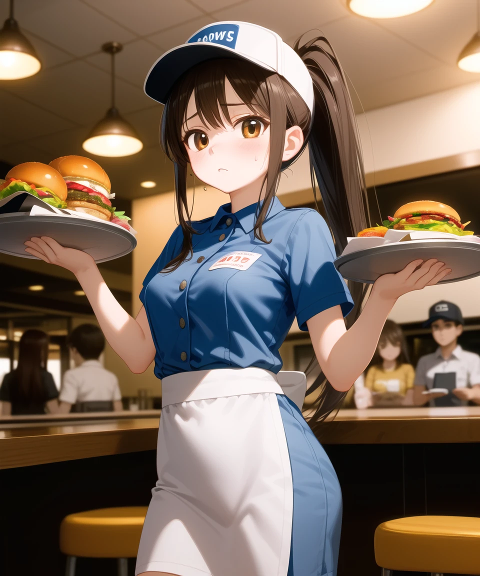 masterpiece, best quality, 1girl, brown hair, long hair, ponytail, brown eyes, employee uniform, fast food uniform, waitress, visor cap, sweatdrop, standing, holding tray, food, restaurant , indoors, cowboy shot