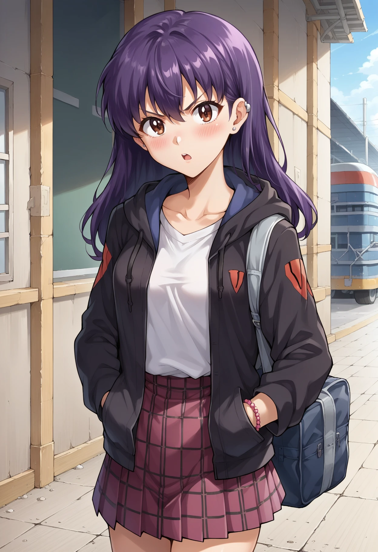 score_7, score_8_up, score_7_up, source_anime, 1girl, solo, looking at viewer, EPngeKatsuragiMisato, purple hair, brown eyes, long hair,bag, black hoodie, blush, breasts, collarbone, ear piercing, hair between eyes, hands in pockets, hood, hood down, hoodie, multiple bracelets, open mouth, piercing, plaid, plaid skirt, pleated skirt, purple skirt, school bag, school uniform, shirt, skirt, small breasts, tactile paving, train station, train station platform, v-shaped eyebrows, white shirt, <lora:EPngeKatsuragiMisatoPony-06:1>