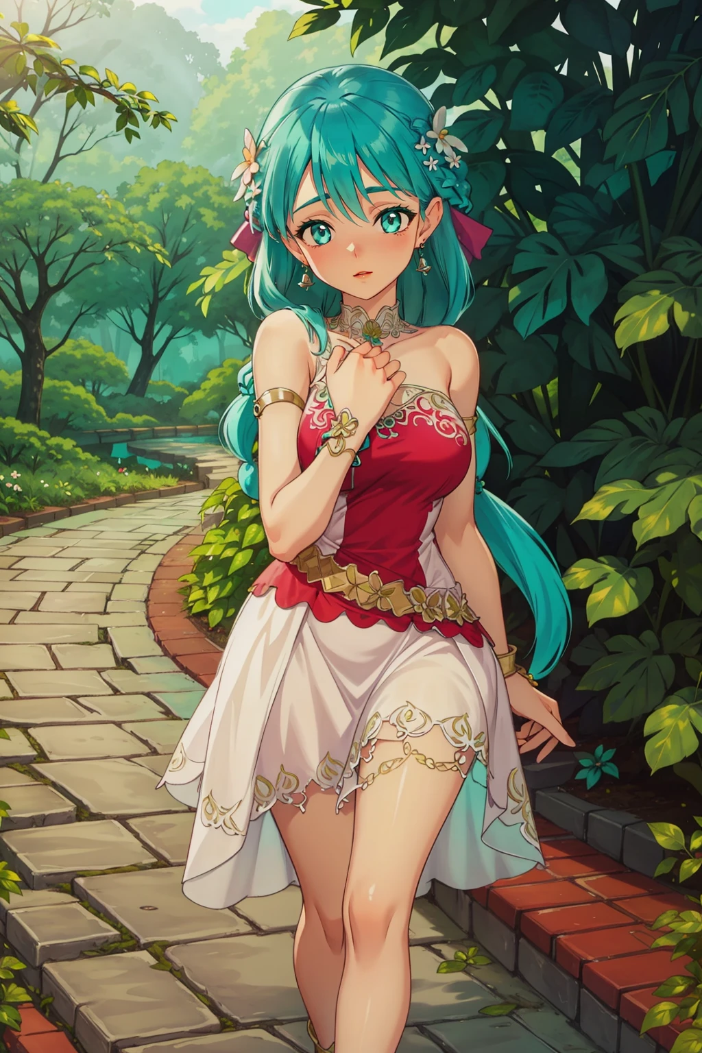 at a botanical garden, diverse plant species, serene pathways, educational, solo, neraflora, long hair, breasts, aqua eyes, hair ornament, flower, dress, bow, jewelry, aqua hair, braid, earrings, sleeveless, bracelet, single-shoulder dress, bare shoulders, <lora:NeraFlora_Dragon_Quest:1>, looking at viewer