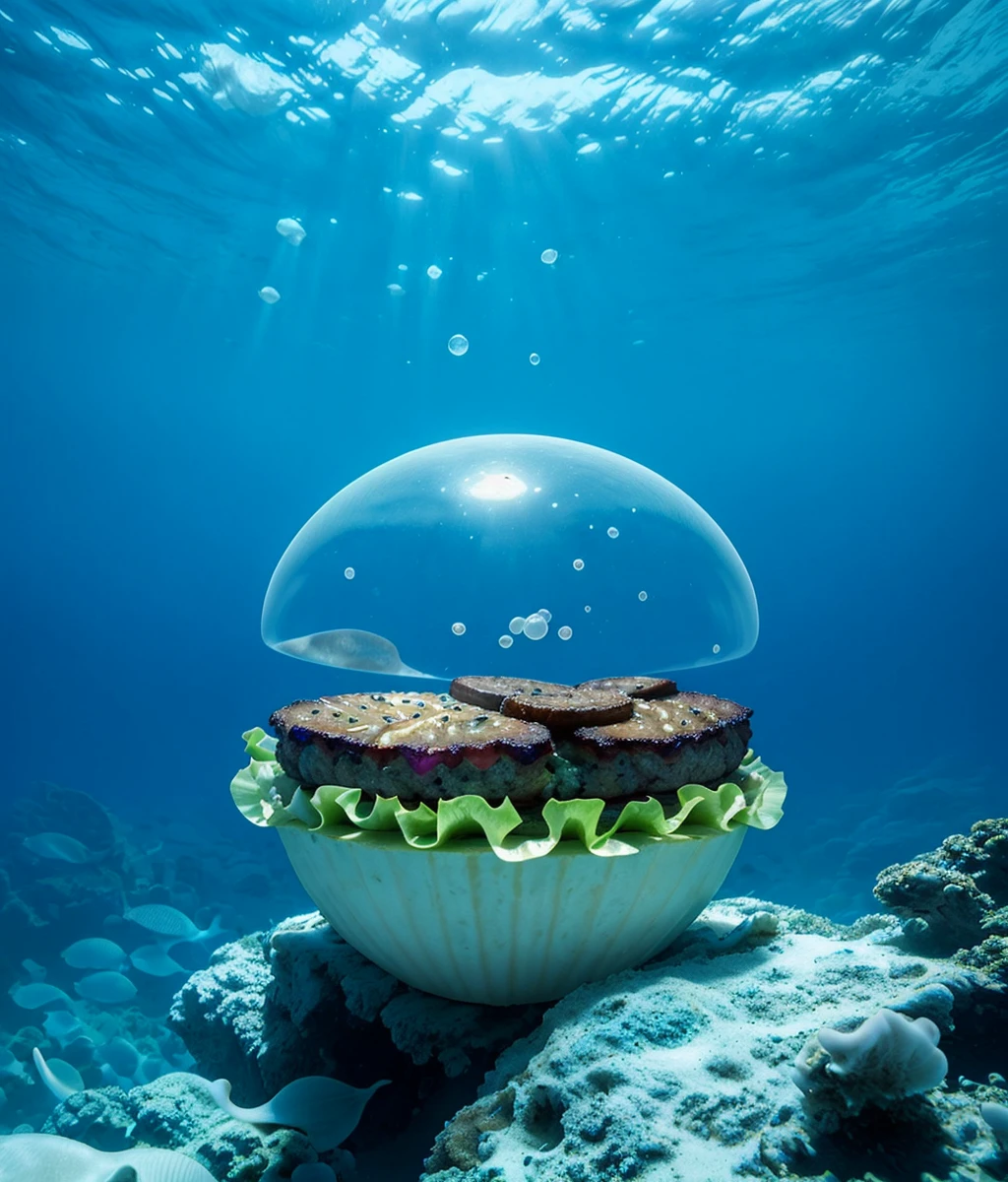 (burger),seashell,solo,afloat,cuteg,gradient,transparent,glowing,(ocean bottom),air_bubble,blue theme,close-up,Marine Biology,<lora:VFX_Marine_Biology_v1:0.5>,