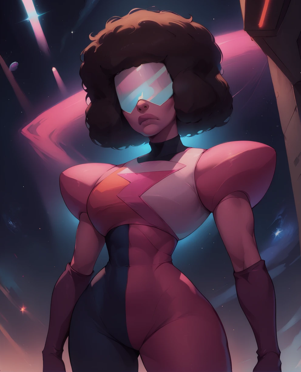 score_9,score_8_up,score_7_up,
garnetxl,blocky afro,serious,large neon shades,(no eyes:1.1),(no eyebrows:1.1),
chest plate,black and pink bodysuit,large gloves,
standing,hips,
outer space,station,<lora:GarnetShades:1>,