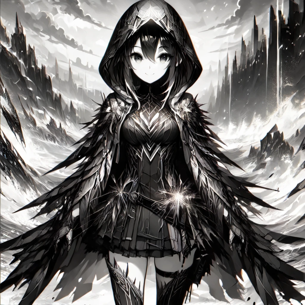score_9, score_8_up, score_7_up,
ShatteredCloth,score_9,1girl,solo,breasts,looking at viewer,smile,bangs,skirt,black hair,thighhighs,dress,hair between eyes,closed mouth,standing,monochrome,greyscale,outdoors,sky,cloud,hood,cloudy sky,cloak,hood up,shattered effect clothes,shattered effect backround
 <lora:ShatteredClothPony:0.81>