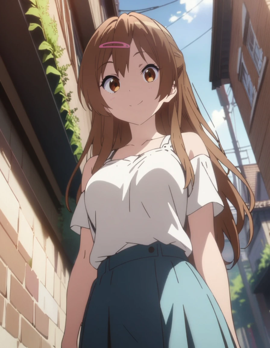 masterpiece, best quality, ultra detailed, highres,4k,(ultra-detailed:1.4) (illustration:0.5), (ray tracing,:0.8),(anime colored:0.7),(ai-generated:0.5), (anime screencap:1.2),
1girl,
<lora:nibutanishinkaXL2:0.8>,nibutanishinka,
brown eyes, brown hair, long hair, hairclip,
casual wear,skirt,
smile,
day,
street,
from below,dutch angle,