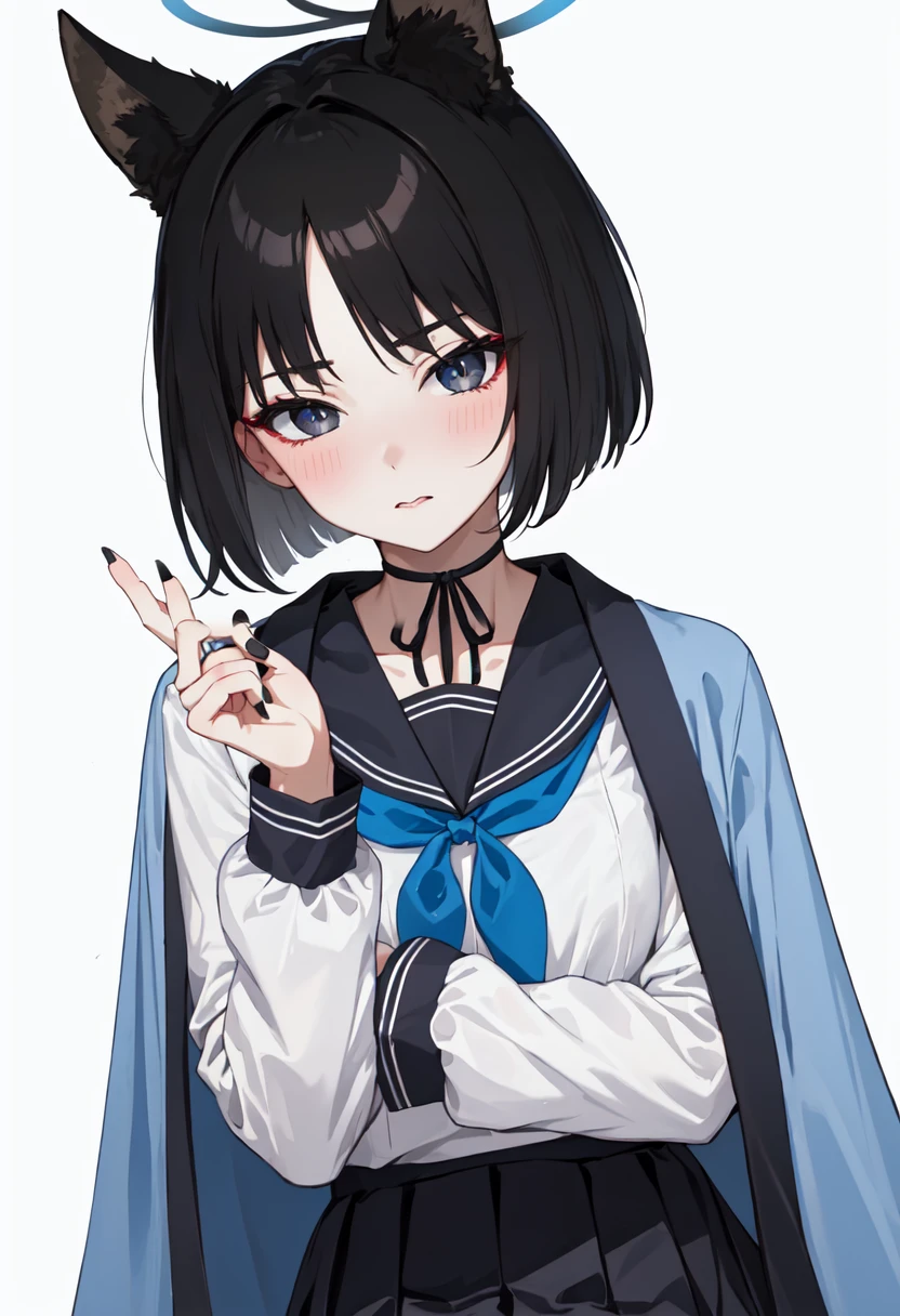 best quality, masterpiece, highres, solo, (kikyou_bluearchive:1.10), 1girl, black sailor collar, black skirt, blue neckerchief, fingernails, long sleeves, pleated skirt, serafuku, nail polish, white background, black nails, looking at viewer, simple background, haori, closed mouth, blush, 4 <lora:kikyou_bluearchive:0.80>