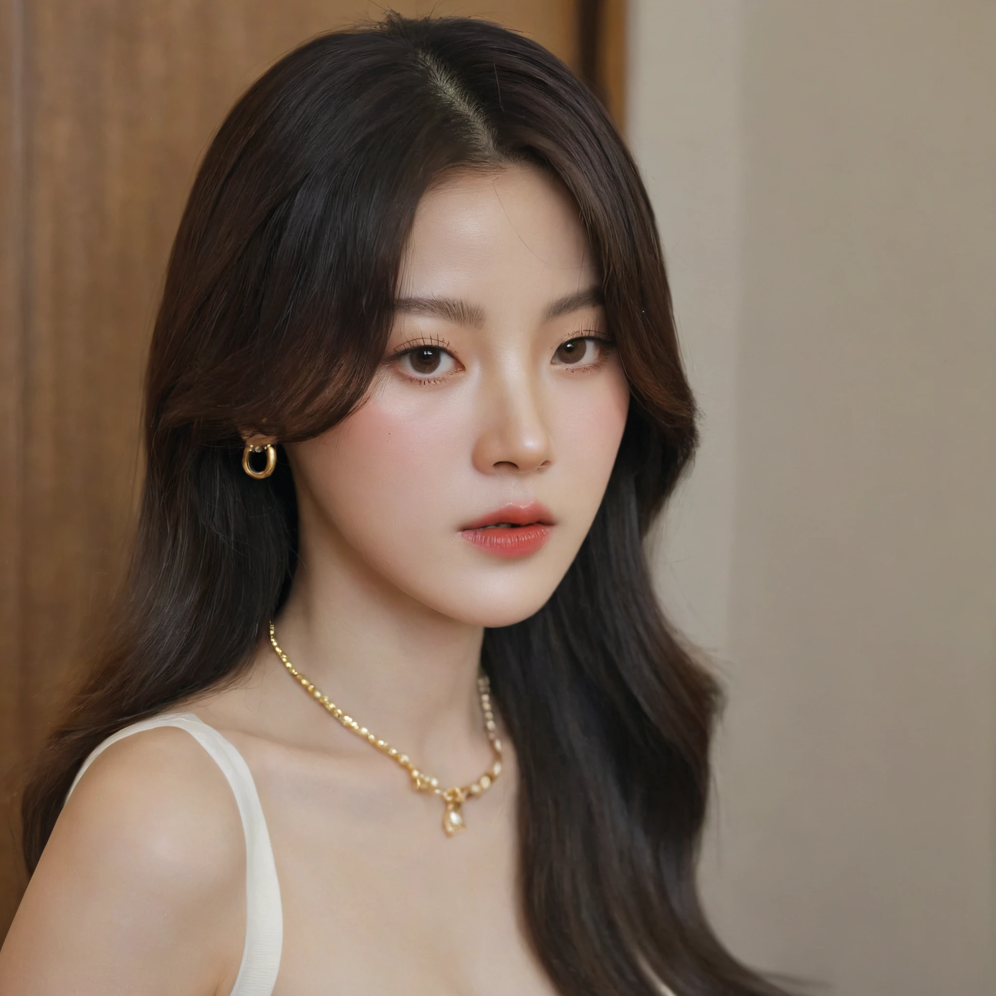 (masterpiece:1.3), (8 thousand, realistic, RAW photos, best quality: 1.4), (1 woman),(very sexy), (Beautiful makeover), (유난히 아름다운 realistic 얼굴), (Build a beautiful body) , (beautiful face), (beautiful face), (long eyelashes), (double eyelid), (realistic face), (black hair. parted, long hair:1.3), (아름다운 parted스타일), (realistic eyes), (really beautiful and delicate eyes), (beautiful and big breasts),(realistic skin), (beautiful skin), (absurd), (attractive), (ultra high resolution), (extremely realistic), (very detailed), (golden ratio), (necklace), (earring), (So beautiful and sexy)