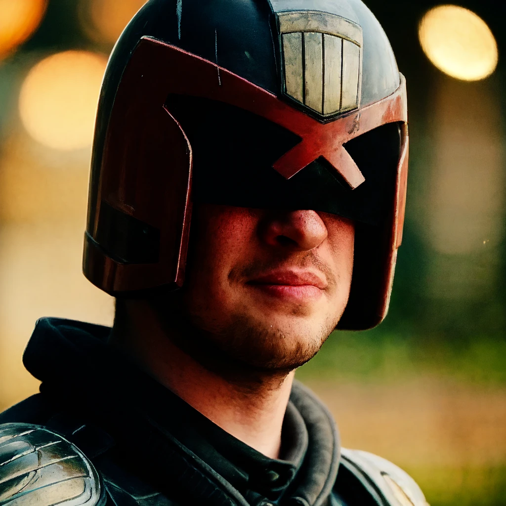 man, helmet, armor, uniform,  jdgdrdd, embedding:character\MaxfieldTI, looking at viewer, indoor, bokeh, portrait, film grain,