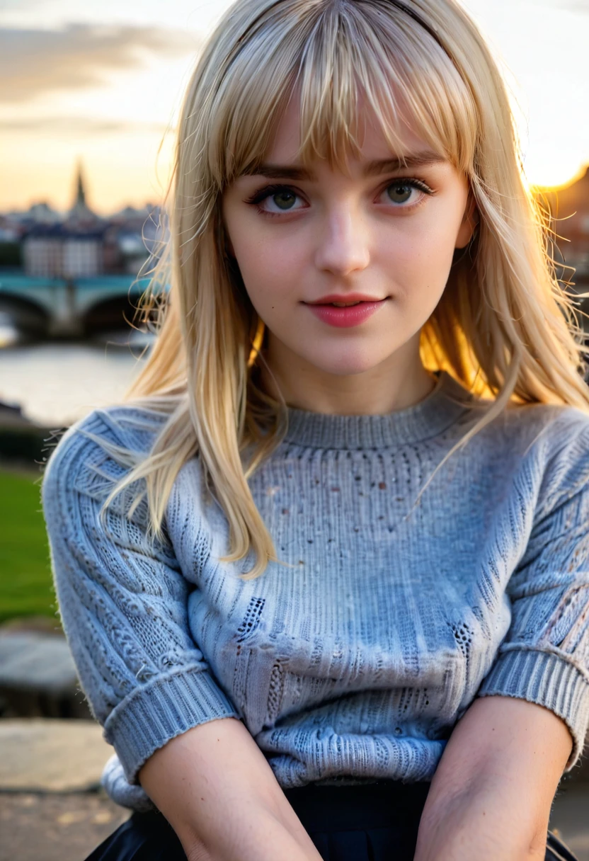 1girl, Close-up, (beautiful girl, make up), (Age 25), (happy, light blonde hair, lips, parted bangs, London, England, dusk:1.2), , HD, lens flare, cable knit sweater, pleated skirt, and loafers, looking at viewer, (RAW Photo, cg unity, photography, ultra realistic details, sharp focus, detailed skin,4k, high-res, masterpiece, best quality:1.1), (realistic, photo-realistic:1.37) (8k,4k, UHD, high resolution, professional, cinematic, movie, dramatic, noise), (detailed background:1.25), bokeh anamorphic depth of field blur background