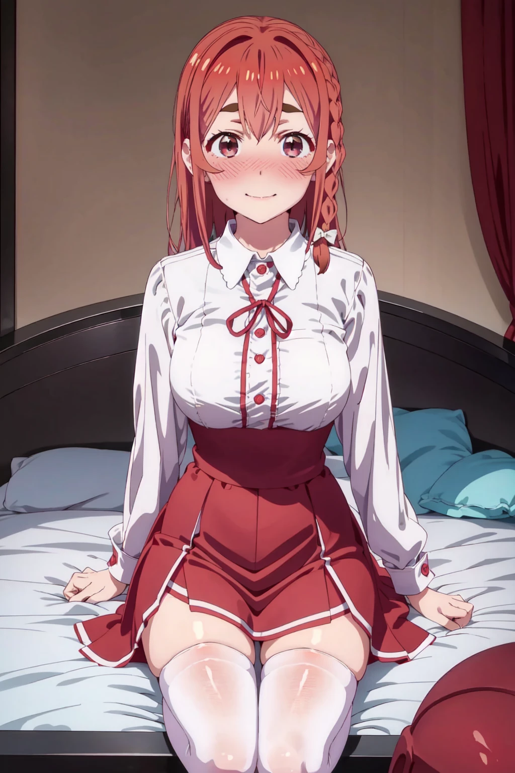 SumiSakurasawa, alone, 1 girl, collared shirt, red dress, looking at viewer, blushing, embarrassed, upper body, white stockings, knee-high stockings, room, bed, perfect body, standing, smile<lora:EMS-330699-EMS:0.800000>