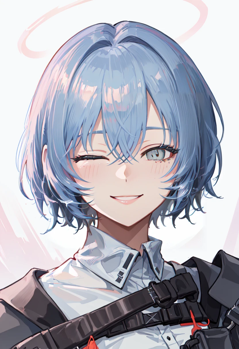 best quality, masterpiece, highres, solo, (spuria_arknights:1.10), smile, happy, one eye closed, portrait, looking at viewer, 27 <lora:spuria_arknights:0.80>