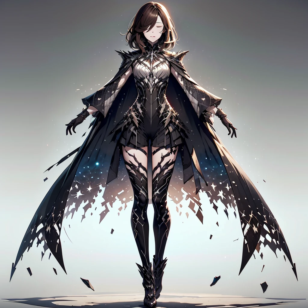 ShatteredCloth,girl,solo,brown hair,black hair,thighhighs,gloves,closed mouth,standing,full body,closed eyes,black gloves,medium hair,cape,hair over one eye,gradient,gradient background,facing viewer,arms at sides
 <lora:ShatteredClothSD:0.5>