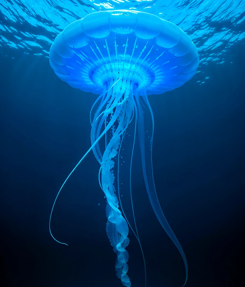 jellyfish,glowing,transparent,gradient,solo,(ocean bottom),air_bubble,blue theme,close-up,Marine Biology,<lora:VFX_Marine_Biology_v1:0.5>,