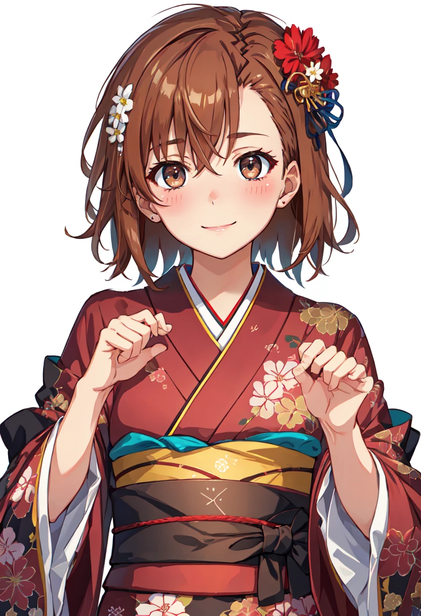 Kinoshita Yuuko, solo, 1girl, brown hair, chinese clothes, hair bun, bun cover, blush, apron, china dress, dress, hair ornament, green eyes, double bun, hairclip, wrist cuffs, short hair,<lora:Haga Yui_XL:0.8>