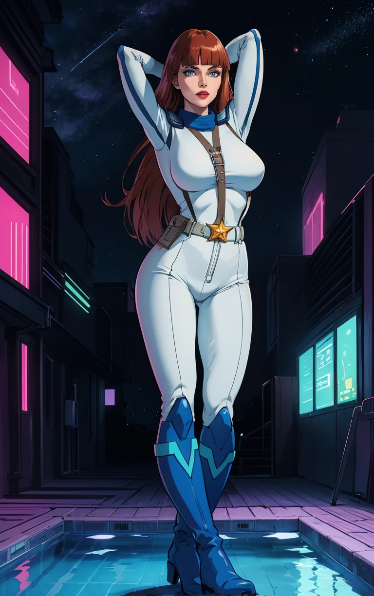 ((masterpiece, best quality)), insaneres, absurdres, solo, looking at viewer, 
CARTOON_AdventuresofGalaxyRangers, 
1girl, long hair, brown hair, bangs, blunt bangs, makeup, lipstick, lips, blue eyes, red hair,  large breasts, very long hair, 
skin tight,  belt, bodysuit, uniform, boots, holster, spacesuit, military, gloves, 
(contrapposto, arms behind head), neon_lights, cityscape, star (sky), night, pool, outdoors, <lora:CARTOON_AdventuresofGalaxyRangers:0.8>,
 depth of field, light particles,