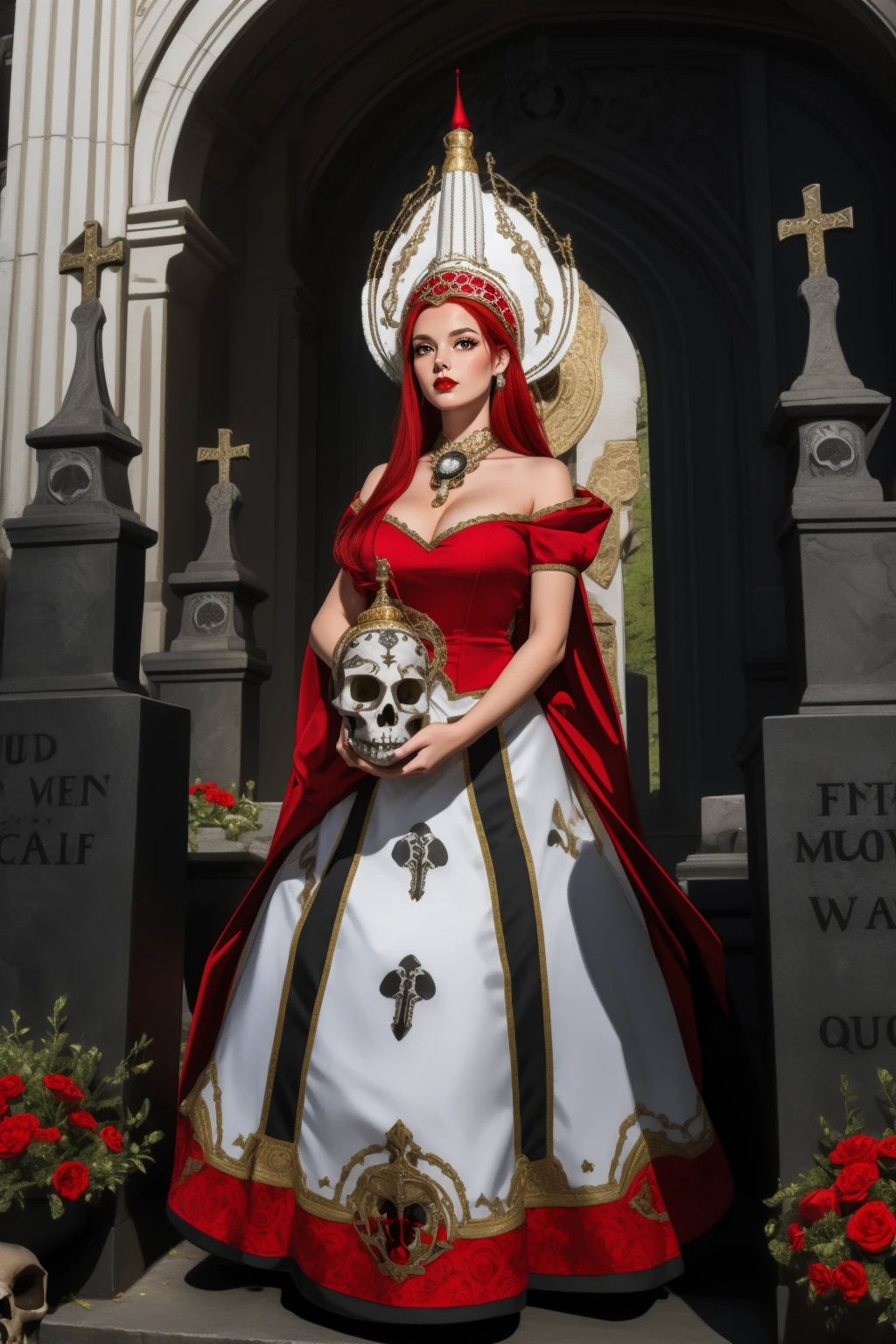 solo, full body, adult woman, (red hair), high quality, best quality, full breasts, <lora:HUD_WTF:0.6>, HUD_WTF, huge headdress, gothic dress made of many gravestones, abstract neckline with many skulls on shoulder