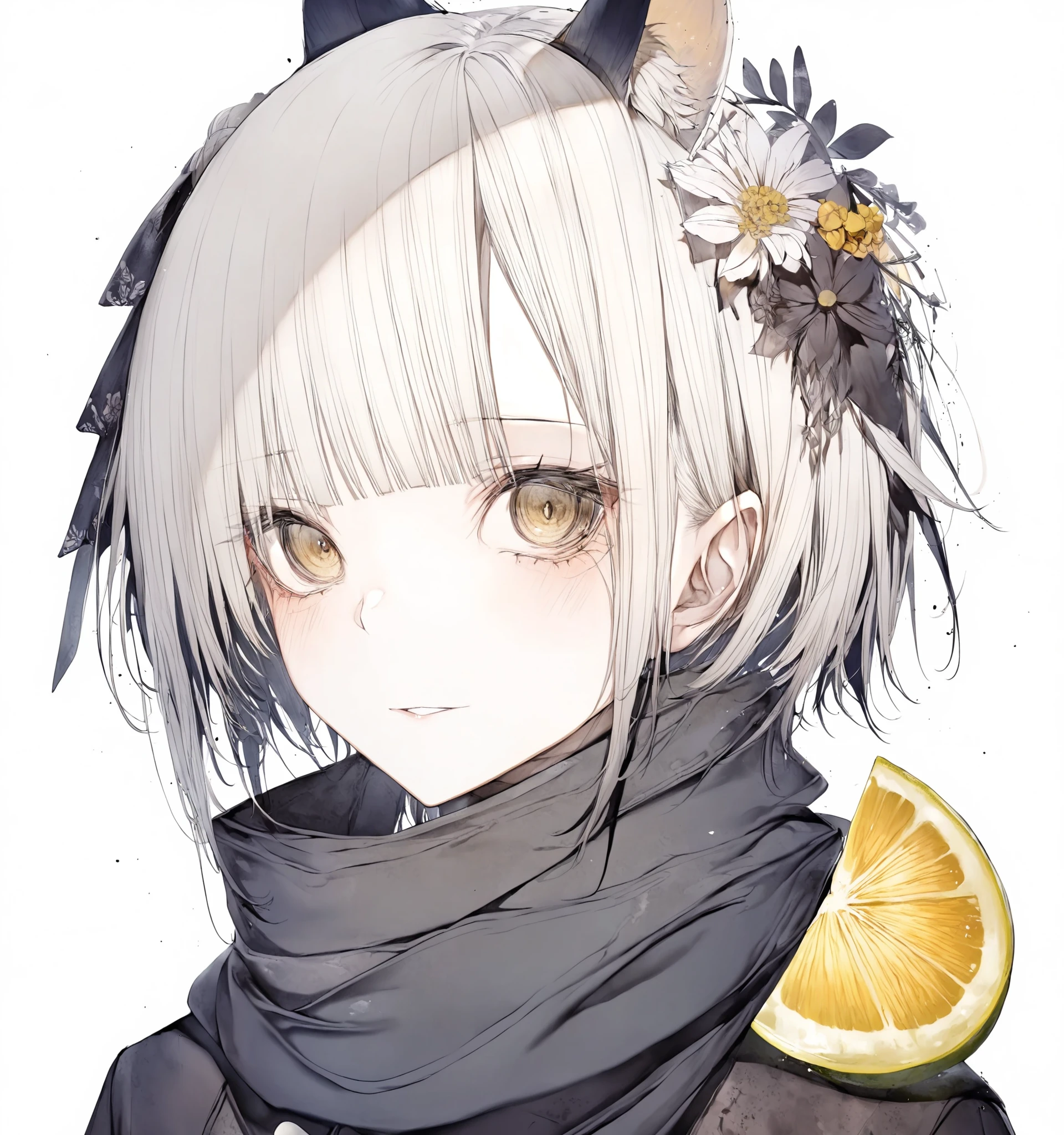 1girl, hito komoru,
animal ears, blush, hair ornament, short hair, white background, flower,hair flower, fruit, blunt bangs, scarf, yellow eyes, white hair, portrait, pale skin, lemon slice,
masterpiece, newest, absurdres, safe,
<lora:kohaku_delta_style_hito_komoru-000044:1>