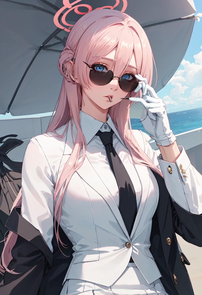 best quality, masterpiece, highres, solo, (mimori_bluearchive:1.10), (black business suit:1.40), (tie:1.20), (sunglasses:1.25), (white gloves:1.15), (white shirt:1.10), (black skirt:1.15), (smoking:1.20), handsome, 22 <lora:mimori_bluearchive:0.80>