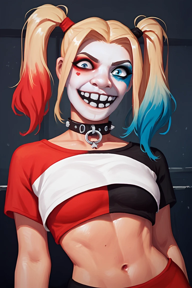 score_9, score_8_up, score_7_up, score_6_up, 1girl, solo, harley quinn, indoors, blonde hair, twintails, crop top, makeup, midriff, multicolored clothes, multicolored hair, collar, <lora:lozhkin_pony:0.85> lozhkin, open mouth, teeth, smile, portrait