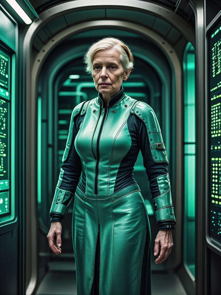 photo focus on close-up, photograph of a from side, standing(1 elderly mature ((woman)) scientist cyborg:1.1), holding surgical scalpel, charging station technoir style screens, glowing, mechanical parts, screen, beige green teal hospital theme, darksilver brown bronze translucent smoky acrylic theme , dieselpunk, background busy spaceship controlroom highly detailed face, background inside dark, moody, POV, by
<lora:Tech_Noir_SD:.71>, film, professional, 4k, highly detailed , at-a-distance