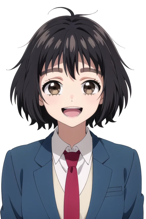 solo, 1girl, looking at viewer, 2D, anime, anime coloring, upper body, (solid white background:1.3), <lora:hiyori-tarumono:0.8>, hiyori suzumi, school uniform, blue jacket, red necktie, smile, :d
