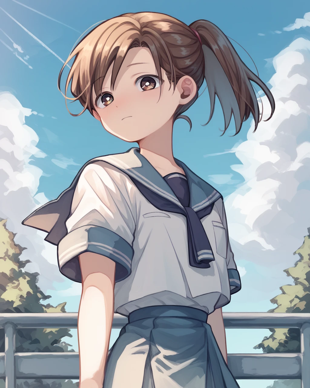 miosakamoto, <lora:mio sakamoto manga-lora-nochekaiser:1>,
mio sakamoto, sakamoto mio, black hair, animal ears, ponytail, (black eyes:1.5), (eyepatch:1.5), dog ears, bangs, blunt bangs,
BREAK school uniform, swimsuit, school swimsuit, swimsuit under clothes, serafuku, blue sailor collar, long sleeves,
BREAK outdoors, nature, forest, trees, grass, sun, sky, clouds,
BREAK looking at viewer,
BREAK <lyco:GoodHands-beta2:1>, (masterpiece:1.2), best quality, high resolution, unity 8k wallpaper, (illustration:0.8), (beautiful detailed eyes:1.6), extremely detailed face, perfect lighting, extremely detailed CG, (perfect hands, perfect anatomy),