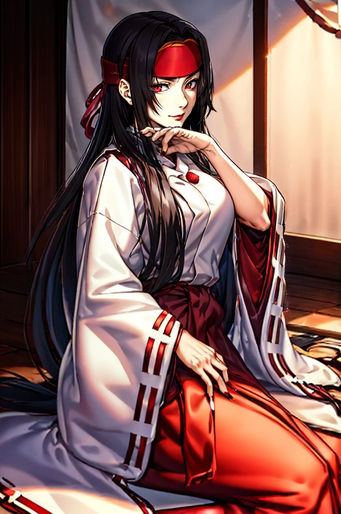 (cowboy shot:1.4), smug,  sitting on floor, Japanese Style Room,
mizuki, 1girl, white japanese clothes, solo, mature, miko, Dark Red eyes, (headband:1.2), red lip, makeup, very long hair, black hair, red hakama, wide sleeves, very Long red Nails, parted bangs,
masterpiece,high quality,ultra high definition,
 <lora:last-000013:1>