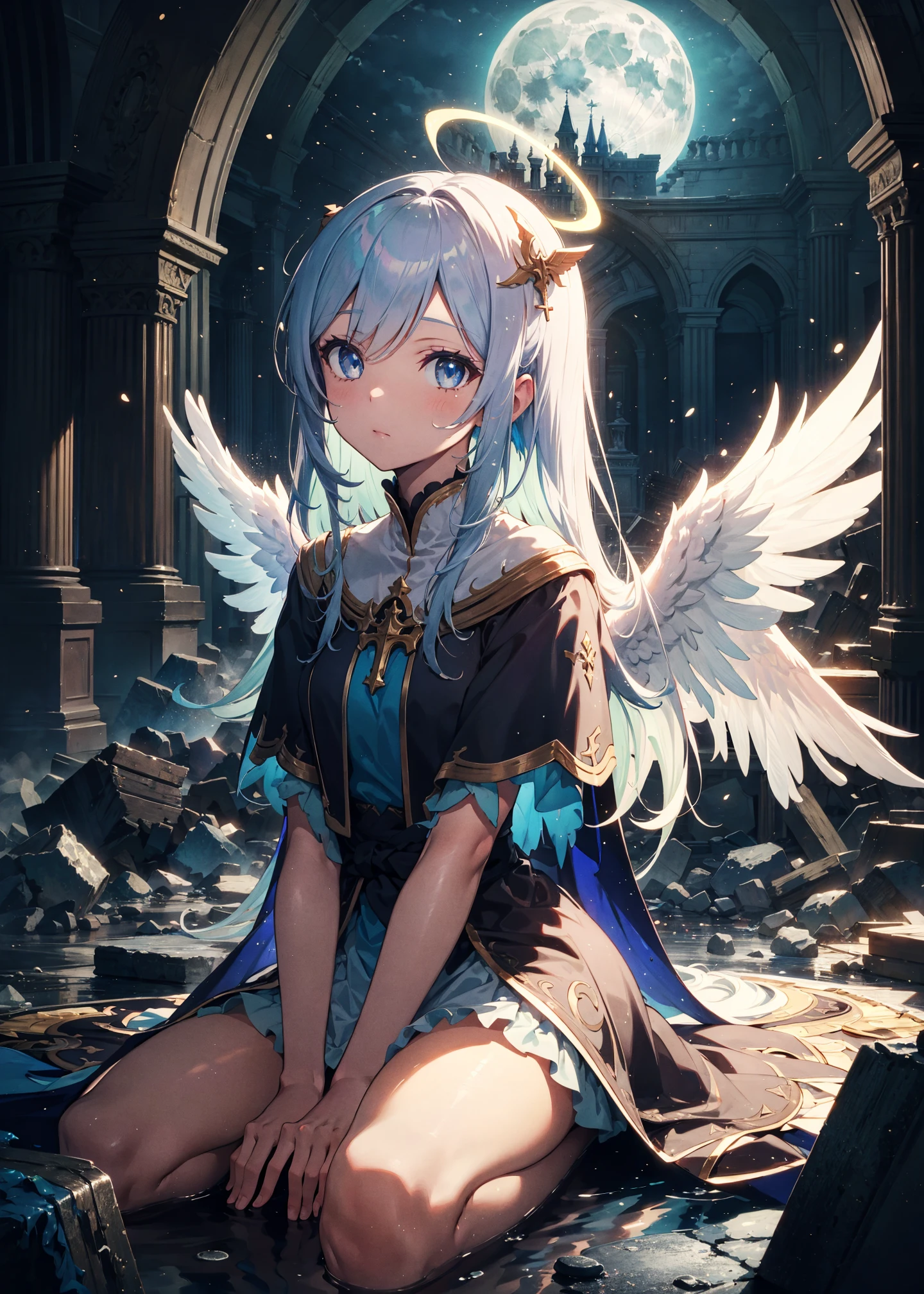 best quality, masterpiece, ultra-detailed, illustration, (beautiful detailed eyes), beautiful, amazing, detailed eyes, (detailed skin), (oily skin), 1girl,solo,angel girl, tattered church, rubble, scattered glass,white hair, long hair, fluttering hair, halo, ahoge, splendid priestly clothes, big wings, white wings, sit, waliza, hands between legs,looking up , particle , whole body, cowboy shot,moonlight, natural light,{{{{masterpiece}}}}, {{{hyper detailed}}}, {{{highres}}}, {{{8k}}}, {{perfect body}}, {{beautiful detailed eyes}}, {{colorful}}, {{vivid color}}